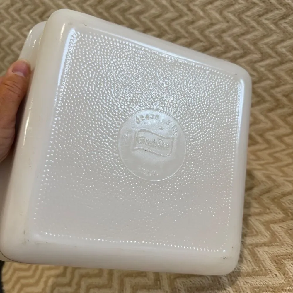 Vintage 1960’s Glasbake Milk Glass Vegetable Harvest 8” Square Oven Dish